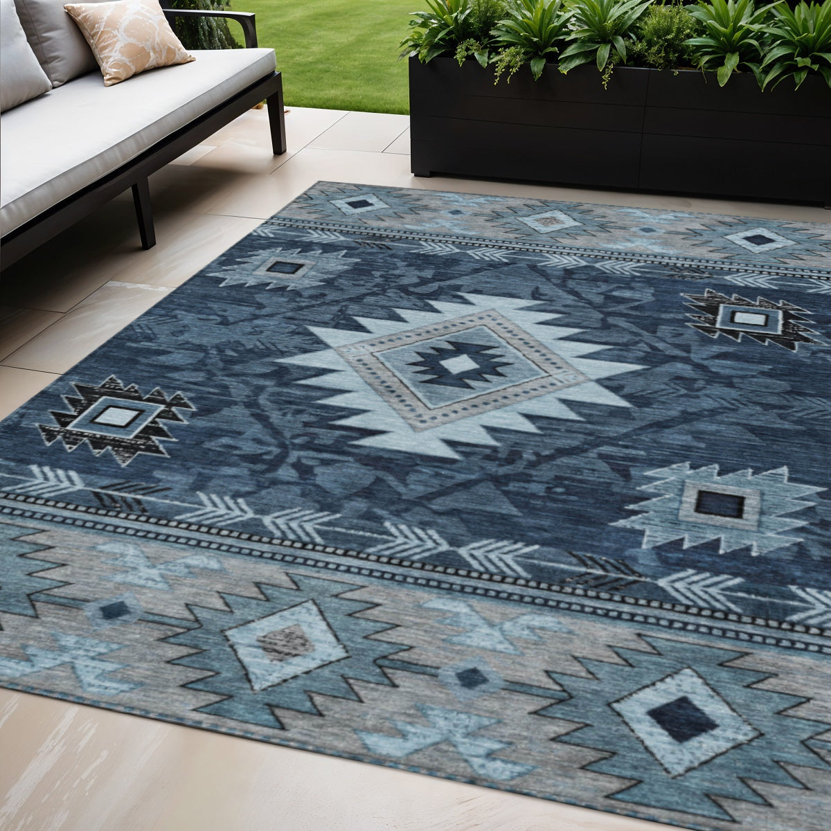 5 X 8 Blue Ivory And Charcoal Tribal Washable Indoor Outdoor Area Rug