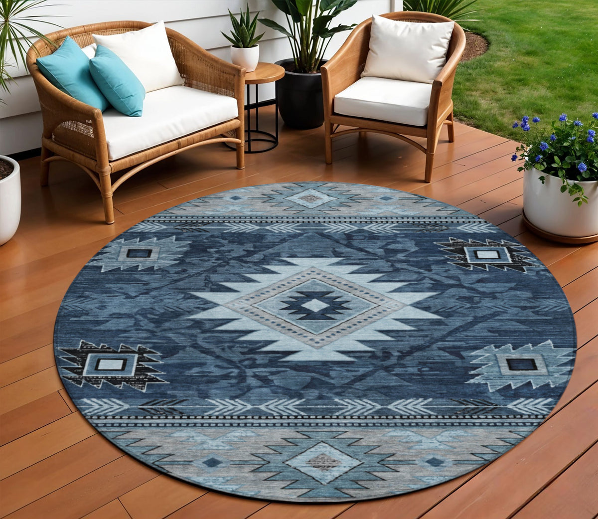8 Blue Ivory And Charcoal Round Tribal Washable Indoor Outdoor Area Rug