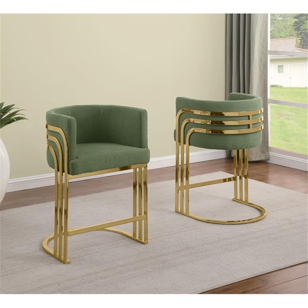 Best Quality Furniture Modern Teddy Fabric Counter Height Stools with Chrome Legs - Green - Elegant Barrel Design with Gold Frame - Set of 2 - Perfect for Dining Room, Bar, Office, or Living Room