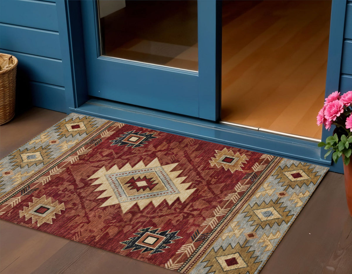 3 X 5 Rust Beige And Charcoal Tribal Washable Indoor Outdoor Area Rug