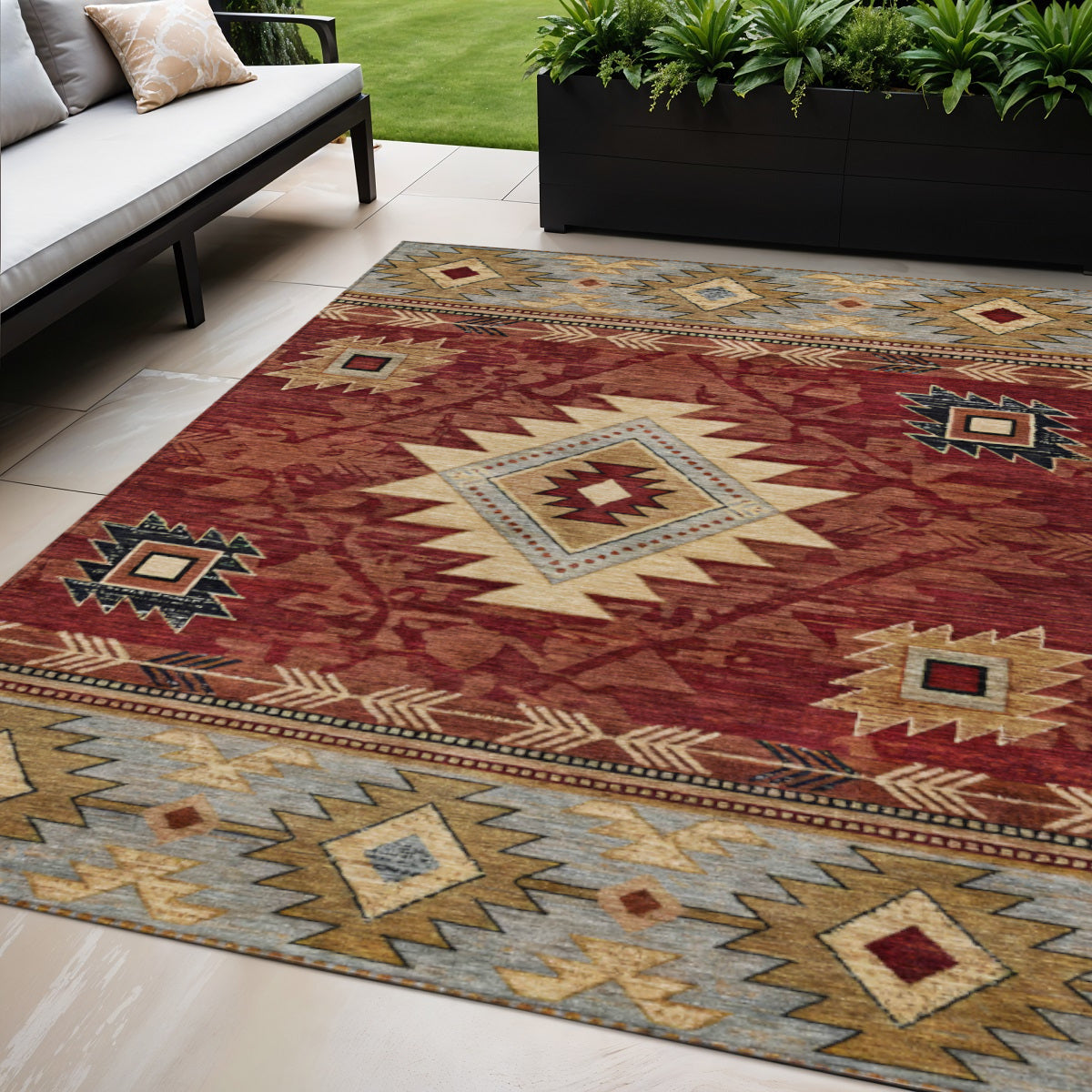 5 X 8 Rust Beige And Charcoal Tribal Washable Indoor Outdoor Area Rug