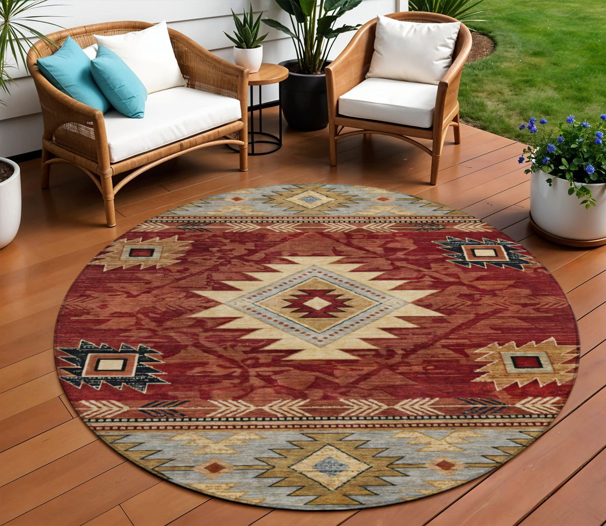 8 Rust Beige And Charcoal Round Tribal Washable Indoor Outdoor Area Rug
