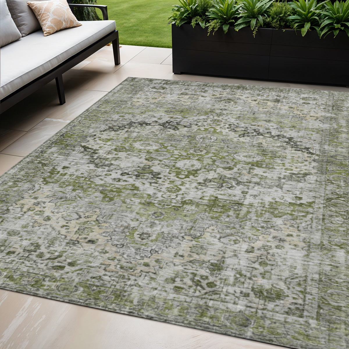 5 X 8 Artichoke Green Gray And Silver Floral Washable Indoor Outdoor Area Rug