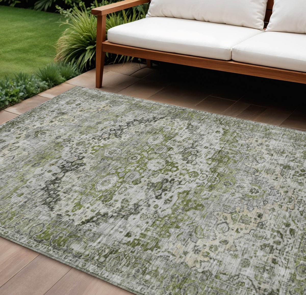 8 X 10 Artichoke Green Gray And Silver Floral Washable Indoor Outdoor Area Rug