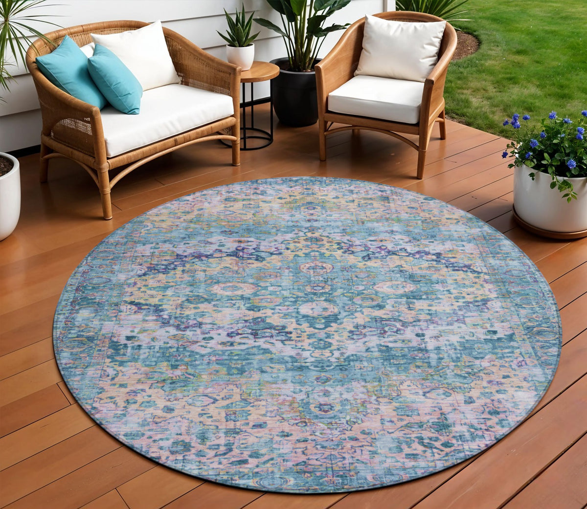 8 Denim Blue Beige And Pink Round Floral Washable Indoor Outdoor Area Rug