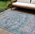 8 X 10 Denim Blue Beige And Pink Floral Washable Indoor Outdoor Area Rug