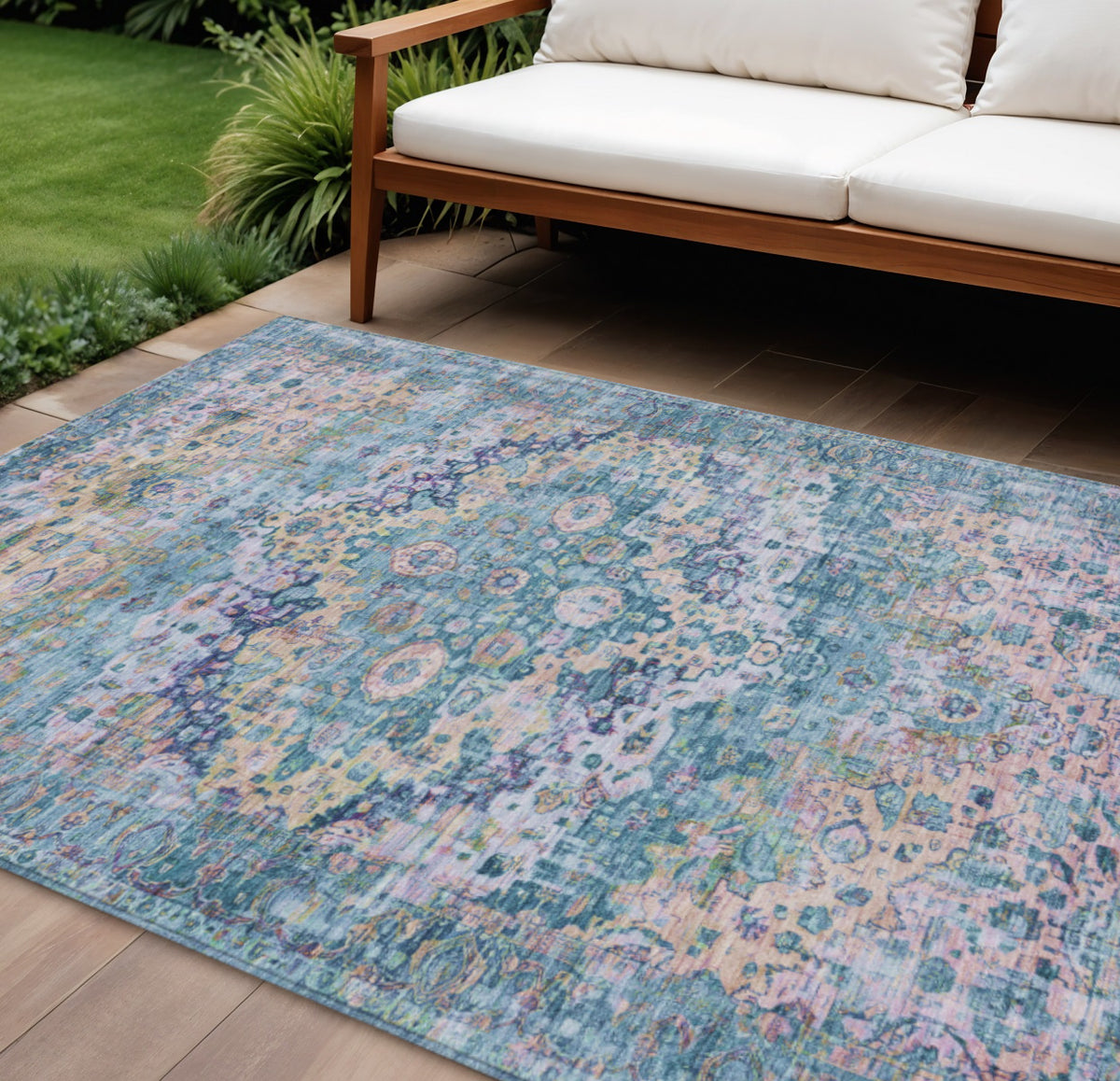 8 X 10 Denim Blue Beige And Pink Floral Washable Indoor Outdoor Area Rug