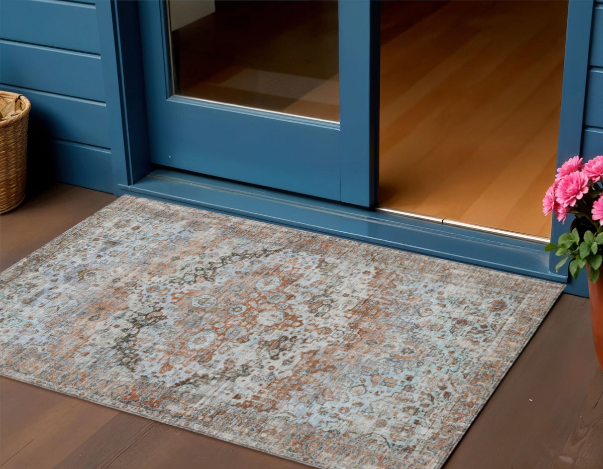 3 X 5 Rust Brown And Beige Floral Washable Indoor Outdoor Area Rug