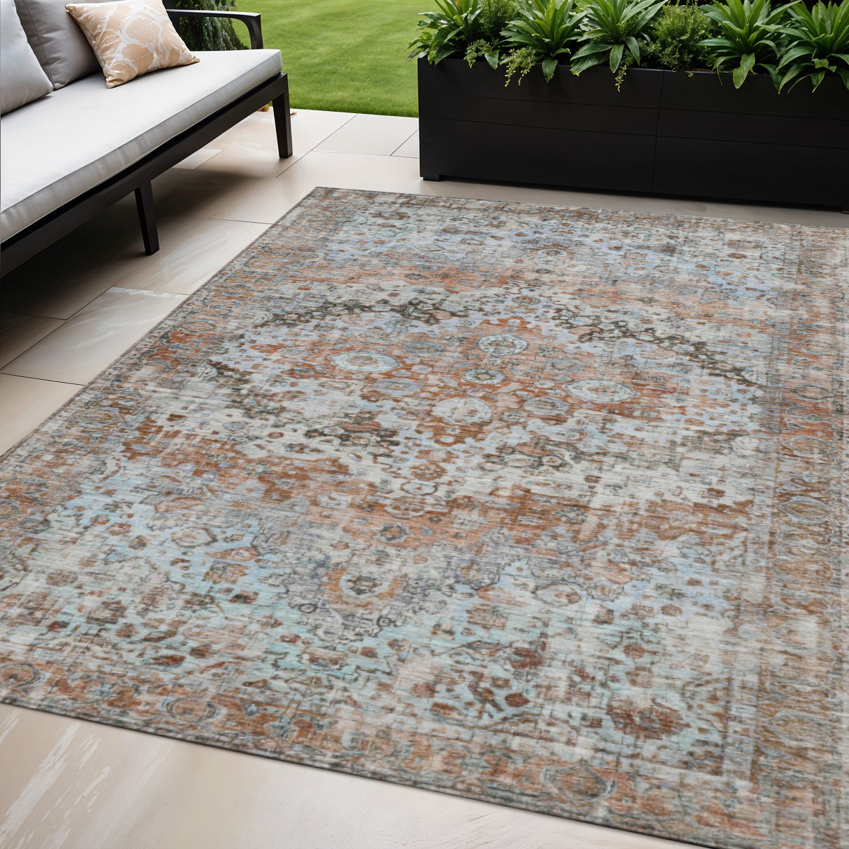 5 X 8 Rust Brown And Beige Floral Washable Indoor Outdoor Area Rug