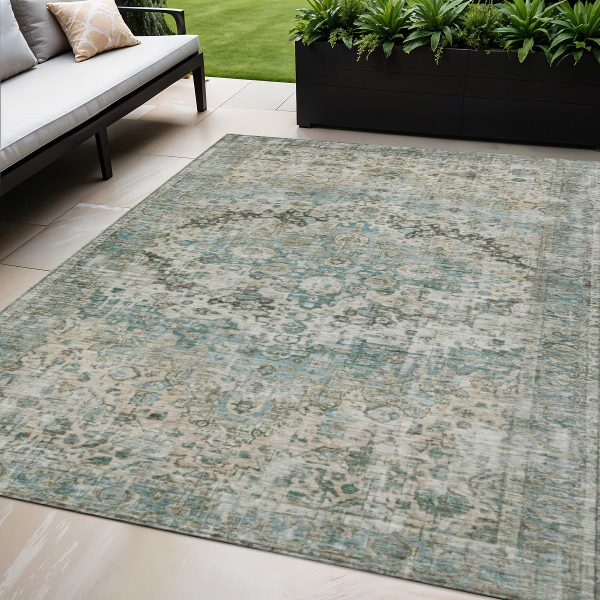 5 X 8 Sage Teal Blue And Beige Floral Washable Indoor Outdoor Area Rug