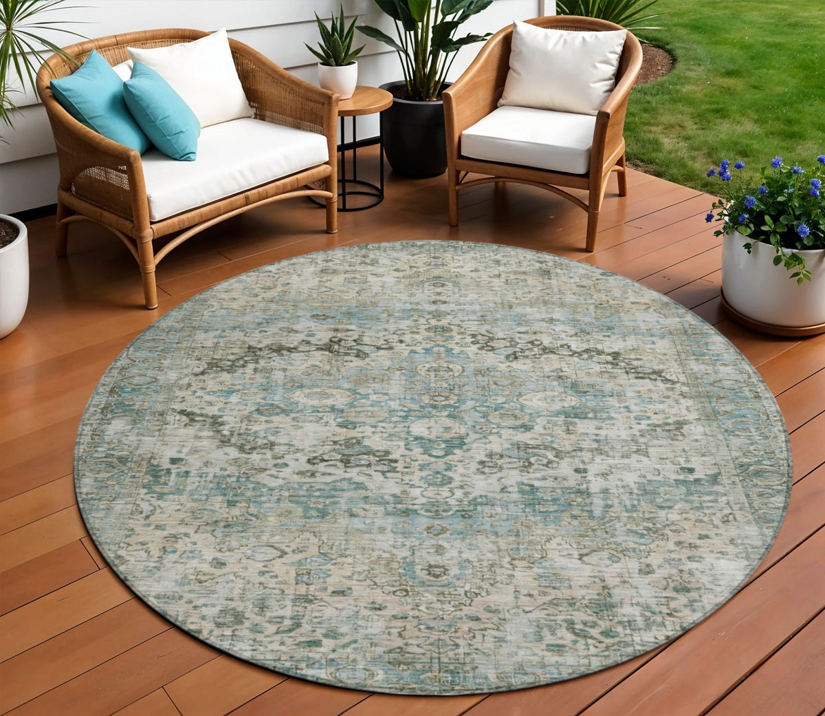 8 Sage Teal Blue And Beige Round Floral Washable Indoor Outdoor Area Rug