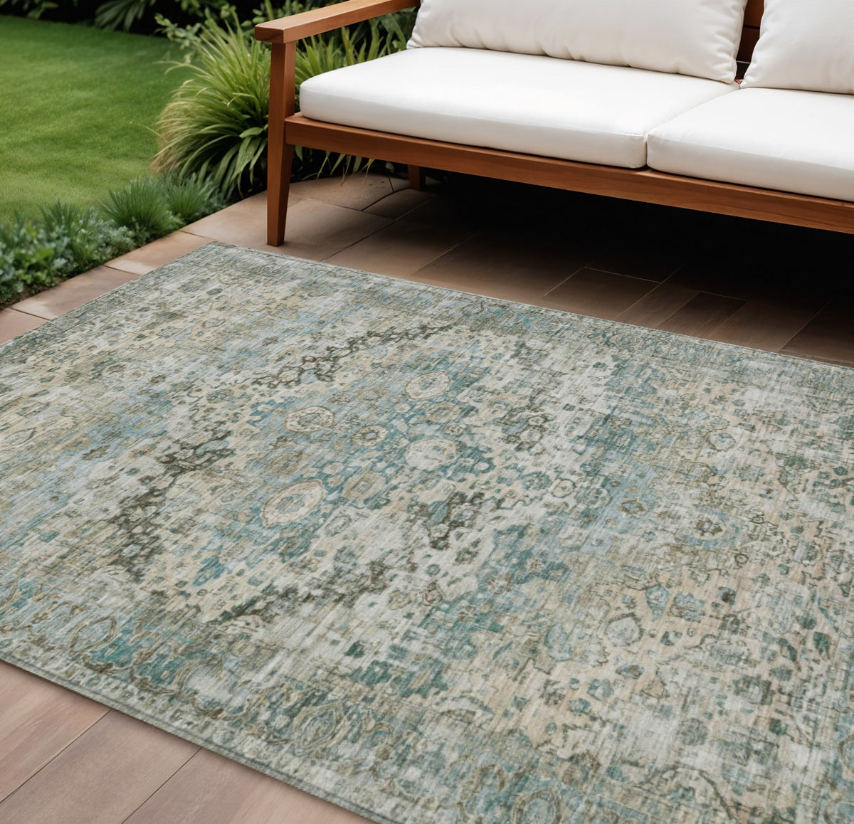 10 X 14 Sage Teal Blue And Beige Floral Washable Indoor Outdoor Area Rug