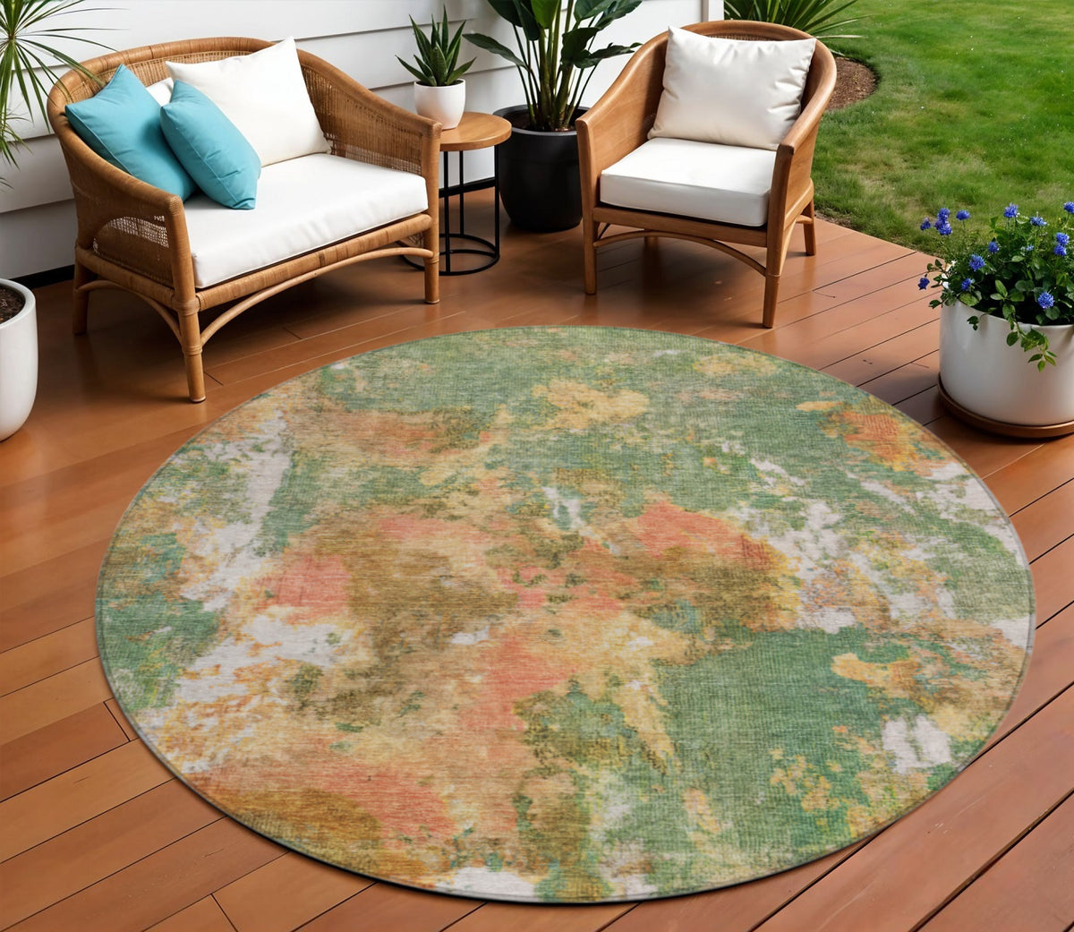 8 Fern Green And Copper Round Abstract Washable Indoor Outdoor Area Rug