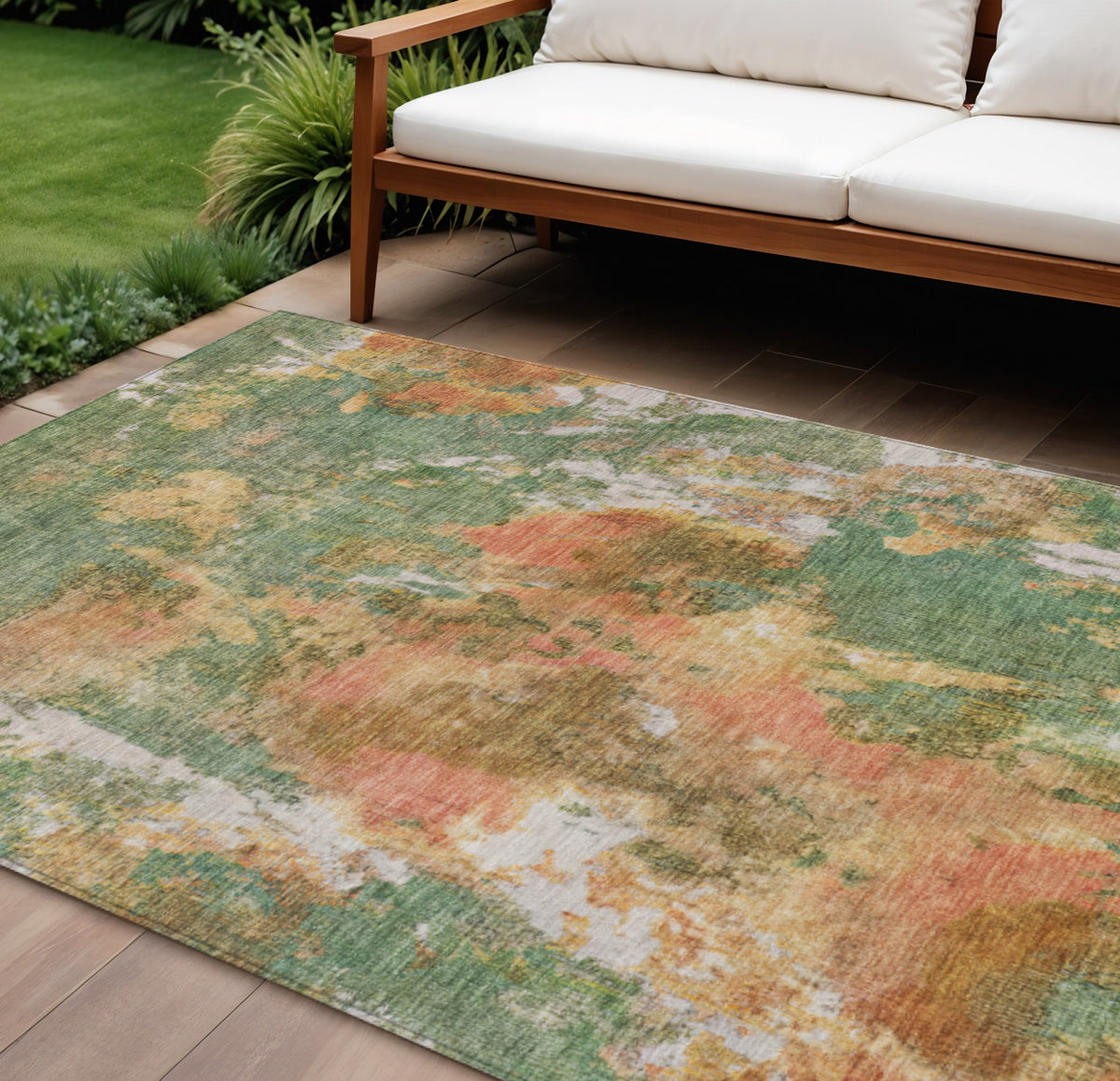 10 X 14 Fern Green And Copper Abstract Washable Indoor Outdoor Area Rug
