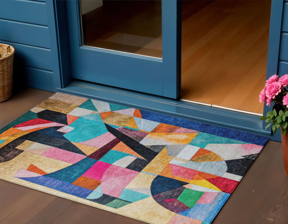 3 X 5 Blue Orange Pink And Yellow Abstract Washable Indoor Outdoor Area Rug