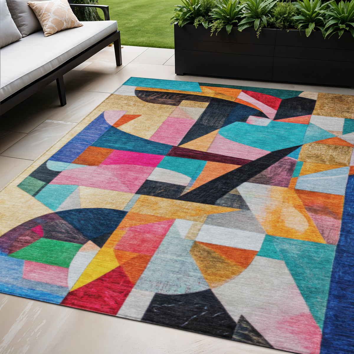 5 X 8 Blue Orange Pink And Yellow Abstract Washable Indoor Outdoor Area Rug