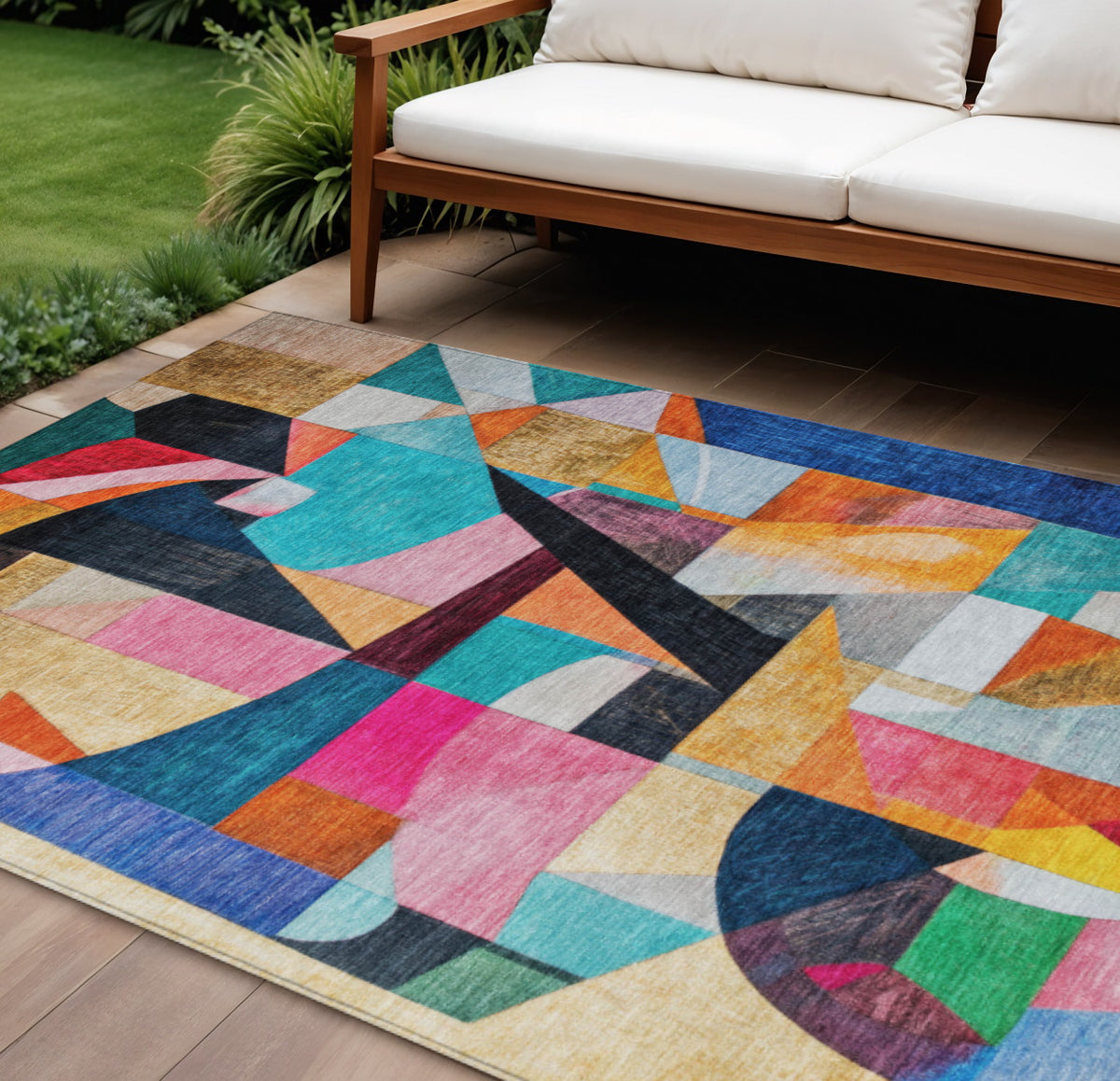 9 X 12 Blue Orange Pink And Yellow Abstract Washable Indoor Outdoor Area Rug
