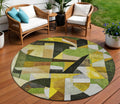 8 Green Black Gold And Beige Round Abstract Washable Indoor Outdoor Area Rug