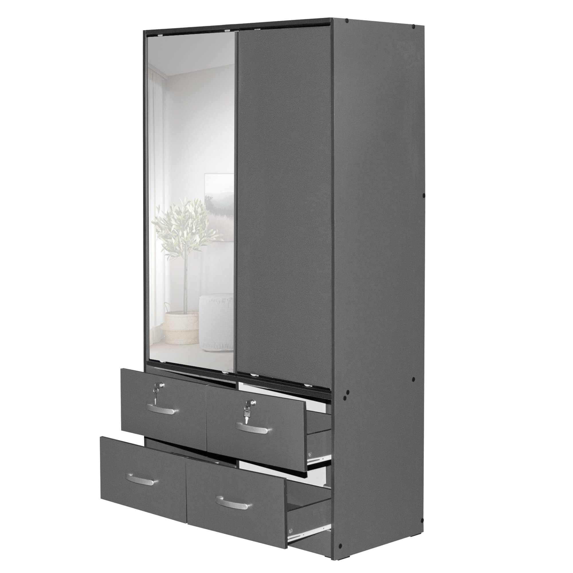 Better Home Products Sarah Double Sliding Door Armoire with Mirror in Tobacco