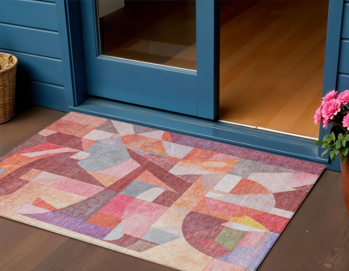 3 X 5 Rust Pink Ivory And Purple Abstract Washable Indoor Outdoor Area Rug
