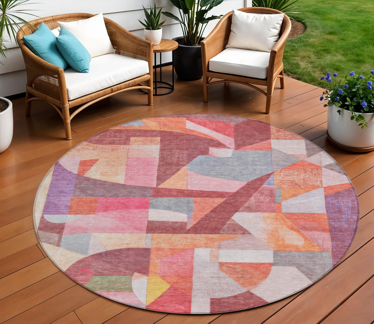 8 Rust Pink Ivory And Purple Round Abstract Washable Indoor Outdoor Area Rug