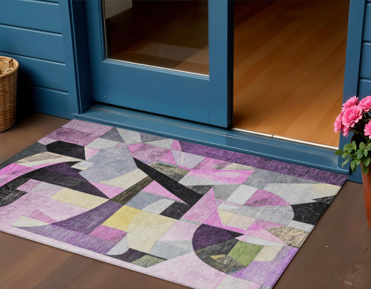 3 X 5 Purple Black And Lavender Abstract Washable Indoor Outdoor Area Rug