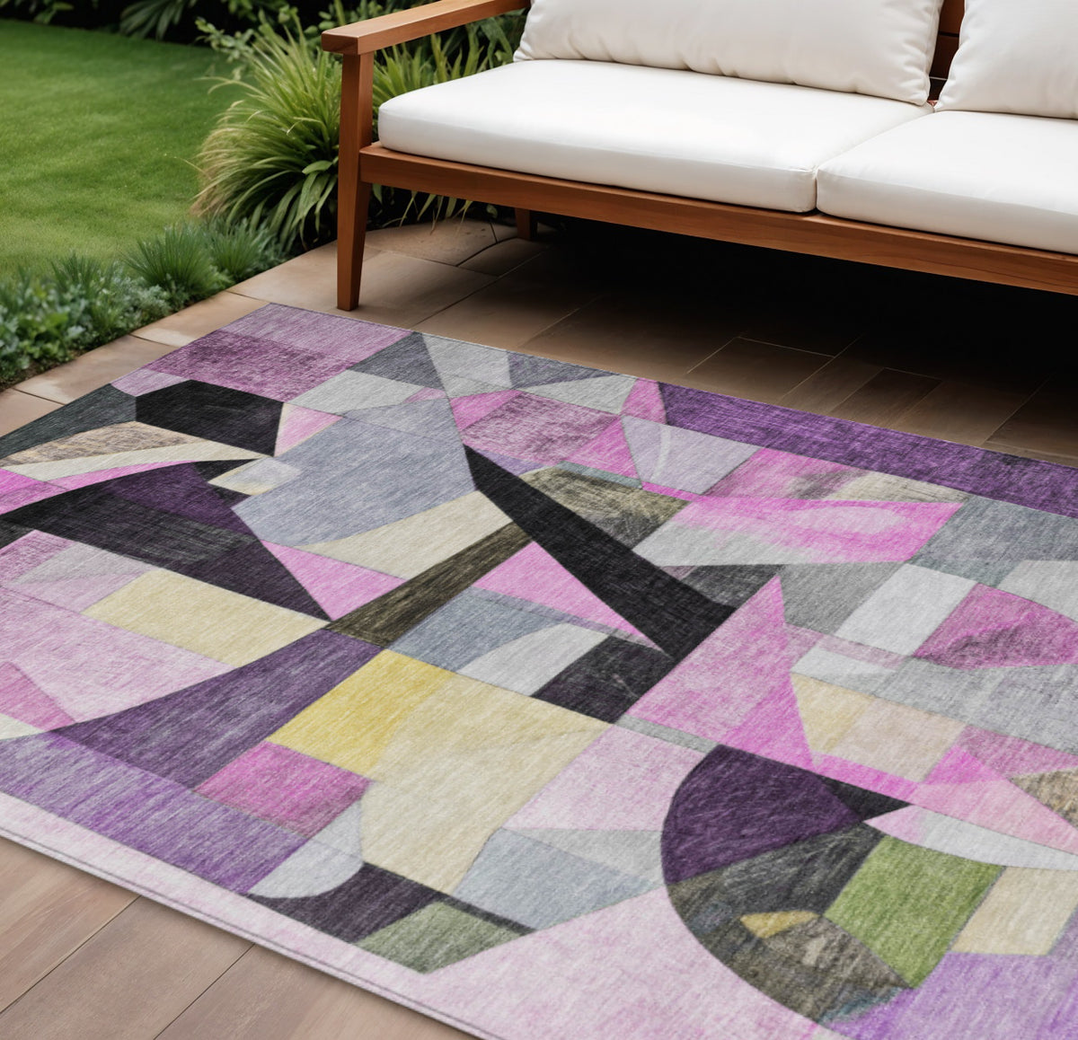 9 X 12 Purple Black And Lavender Abstract Washable Indoor Outdoor Area Rug