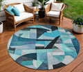 8 Teal Blue Black Aqua And Turquoise Round Abstract Washable Indoor Outdoor Area Rug