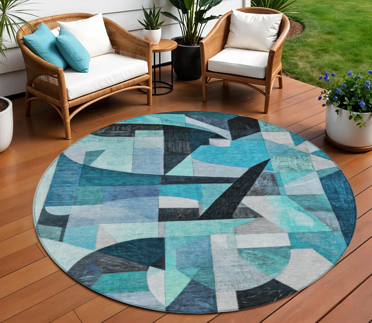 8 Teal Blue Black Aqua And Turquoise Round Abstract Washable Indoor Outdoor Area Rug