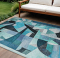 9 X 12 Teal Blue Black Aqua And Turquoise Abstract Washable Indoor Outdoor Area Rug