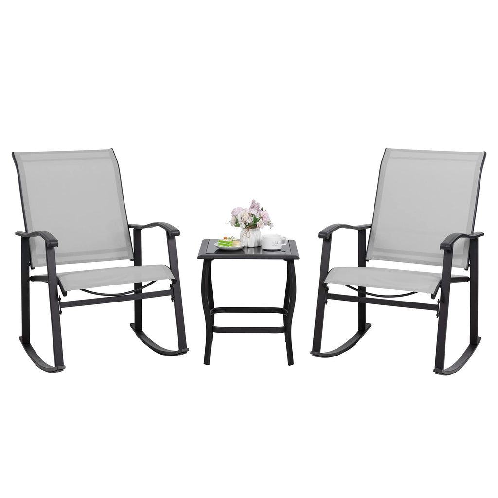Shintenchi 3 Piece Rocking Bistro Set, Outdoor Furniture With Rocker Chairs And Glass Coffee Table Set Of 3, Balcony, Porch Furniture For Small Space, Light Gray