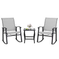 Shintenchi 3 Piece Rocking Bistro Set, Outdoor Furniture With Rocker Chairs And Glass Coffee Table Set Of 3, Balcony, Porch Furniture For Small Space, Light Gray