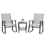 Shintenchi 3 Piece Rocking Bistro Set, Outdoor Furniture With Rocker Chairs And Glass Coffee Table Set Of 3, Balcony, Porch Furniture For Small Space, Light Gray