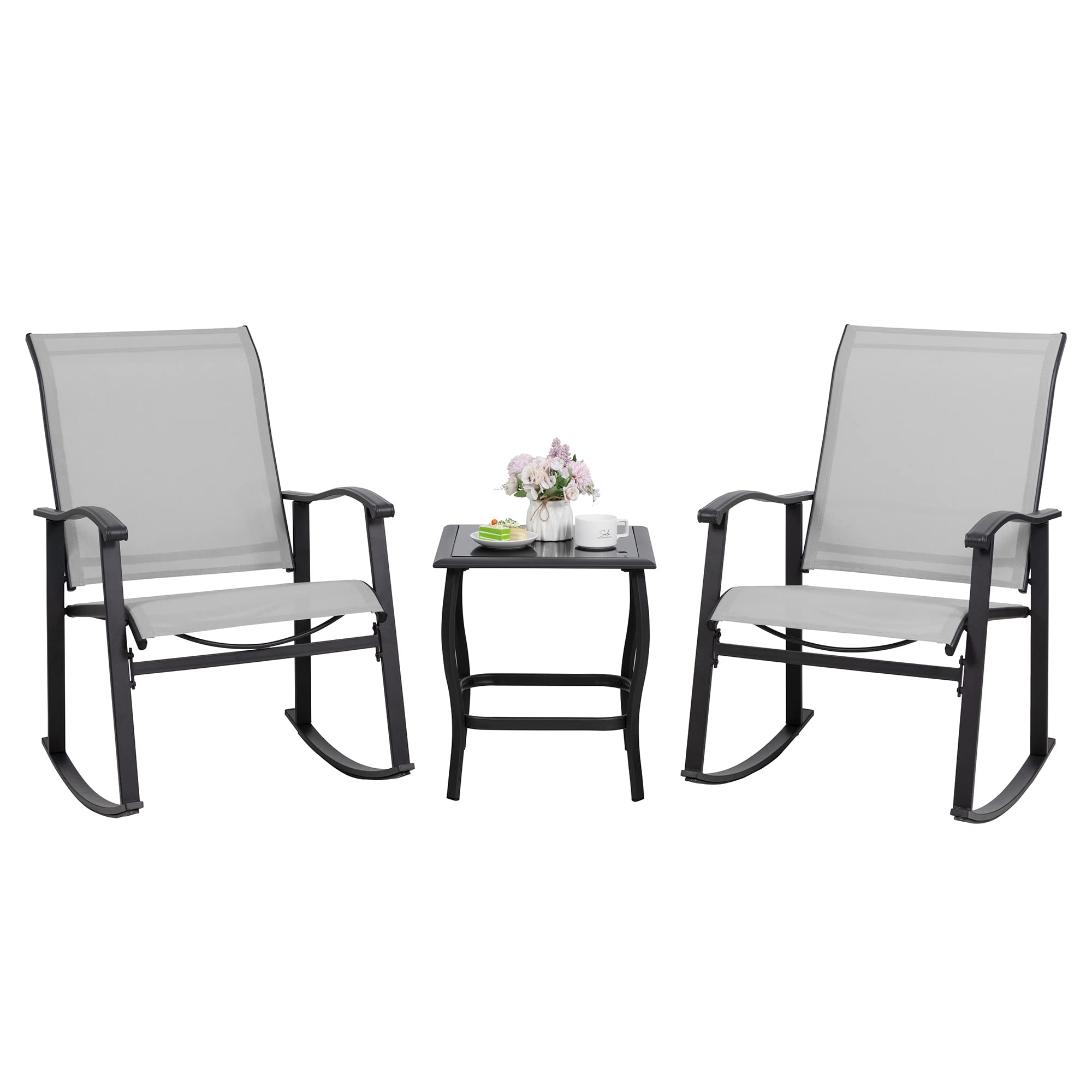 Shintenchi 3 Piece Rocking Bistro Set, Outdoor Furniture With Rocker Chairs And Glass Coffee Table Set Of 3, Balcony, Porch Furniture For Small Space, Light Gray