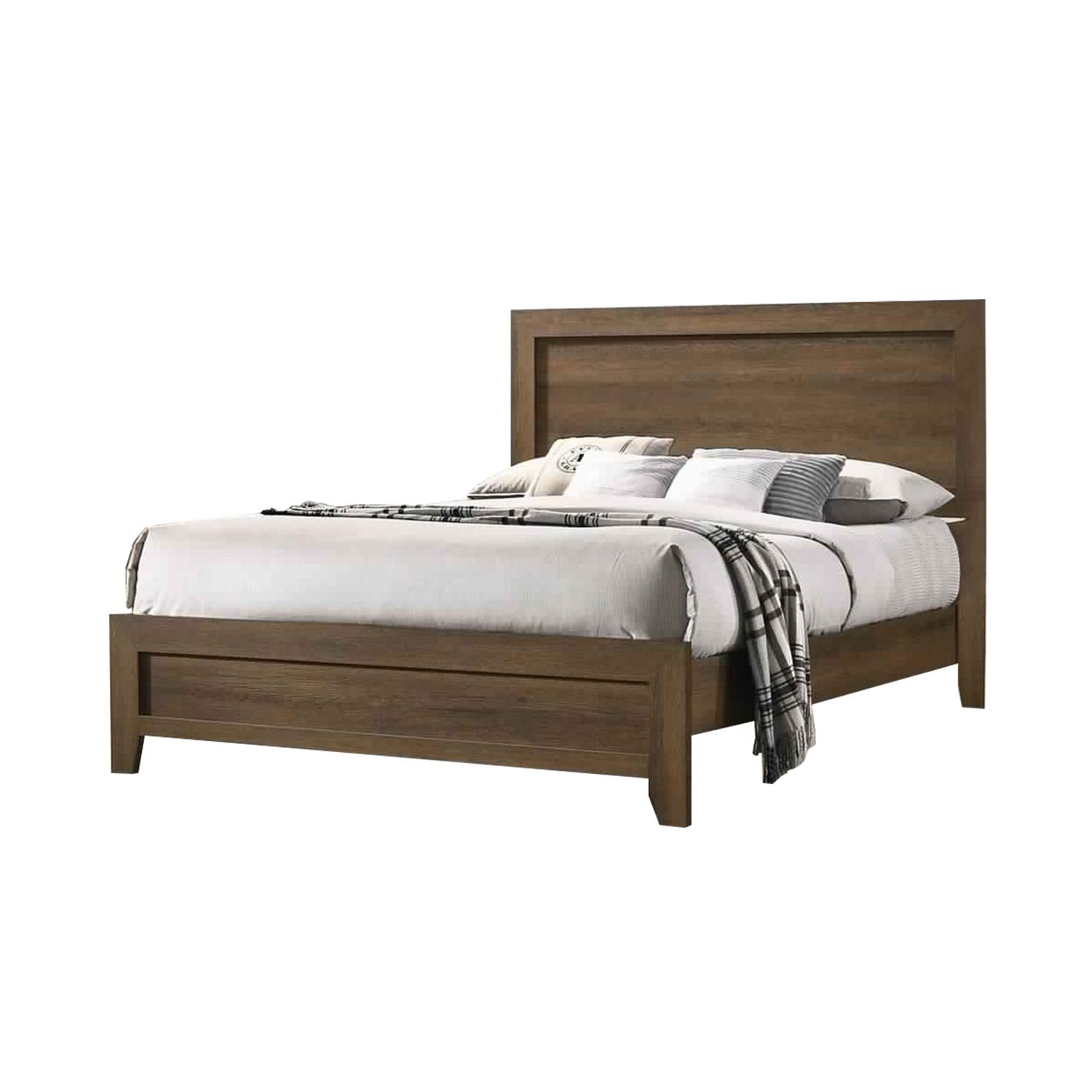 Benjara Wooden Queen Bed With Molded Trim Headboard And Chamfered Legs, Brown
