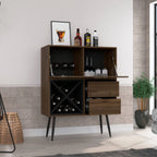 Thistle Bar Cabinet with 2 Drawers, 4 Double Racks, Single Cabinet, and 2 Shelves, Mahogany/Black