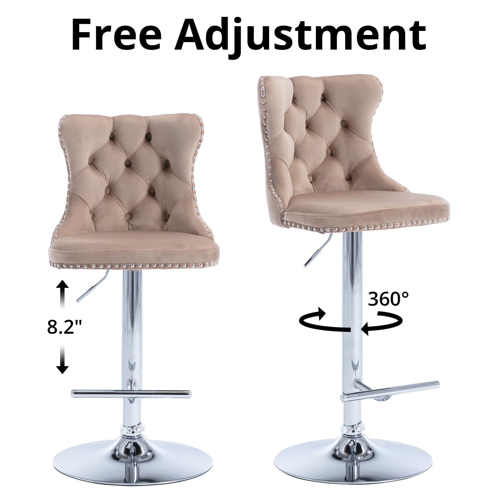 I-Pook Swivel Bar Stools Set Of 2, Adjustable Counter Height Barstools With Nailheads Trim, Button Tufted Back And Sliver Footrest, Velvet Bar Chairs For Dining Room Home Bar Kitchen Island, Khaki