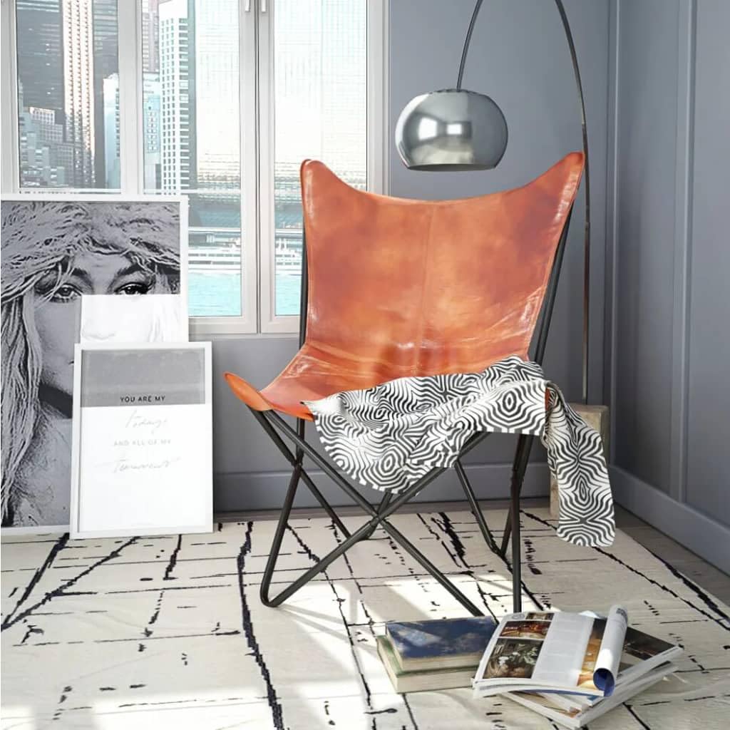vidaXL Butterfly Chair, Lightweight Armchair with Powder-Coated Steel Frame, Comfortable Genuine Goat Leather, Versatile Utility 26" x 29.1" x 35.4", Brown