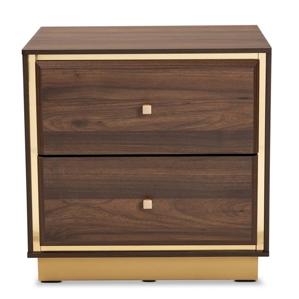 Baxton Studio Cormac Mid-Century Modern Transitional Walnut Brown Finished Wood and Gold Metal 2-Drawer Nightstand