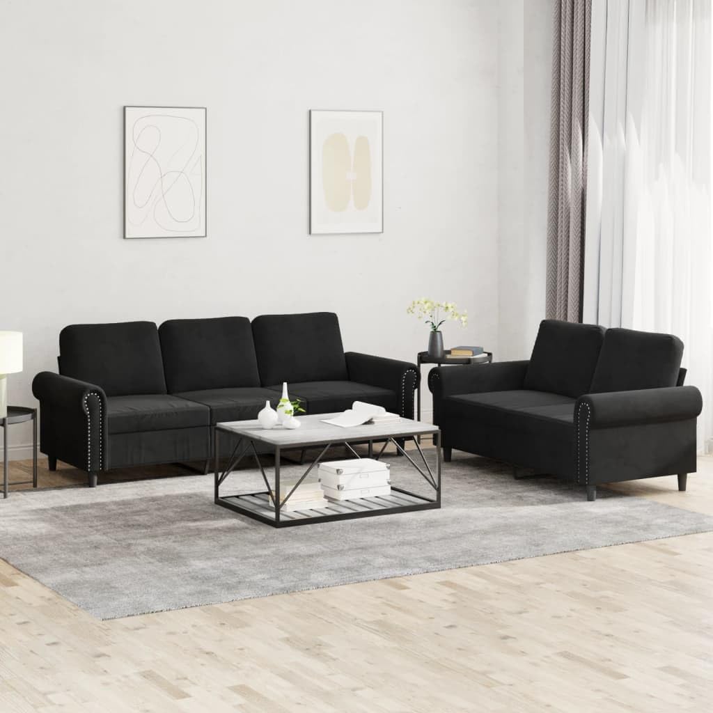 vidaXL 2-Piece Black Velvet Sofa Set Including Loveseat and 3-Seater Couch - Comfy, Sturdy Metal Frame with Foam Cushions for Living Room, Lounge