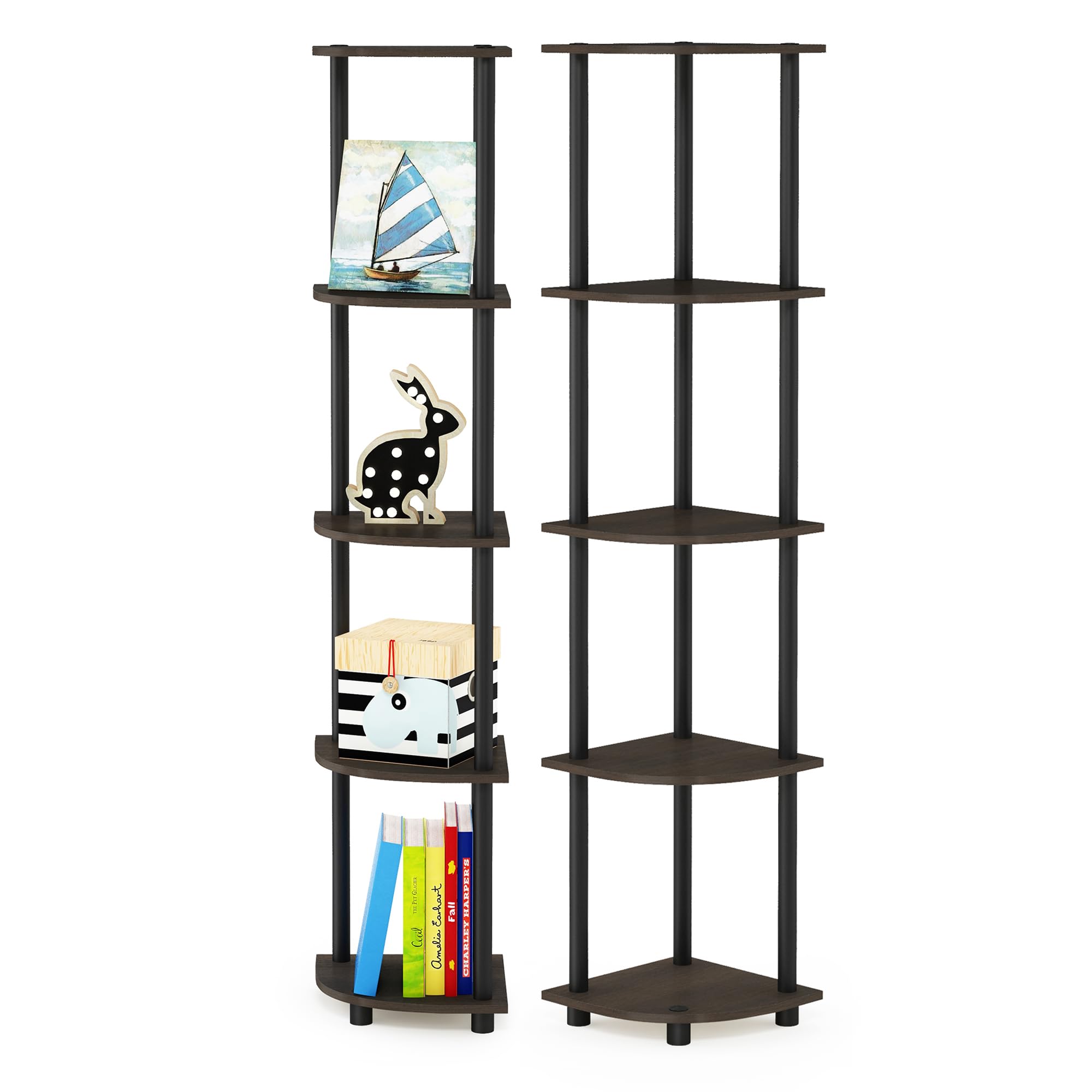 Furinno Turn-N-Tube 5-Tier Corner Multipurpose Display Shelves, Set of 2, Dark Brown Grain/Black