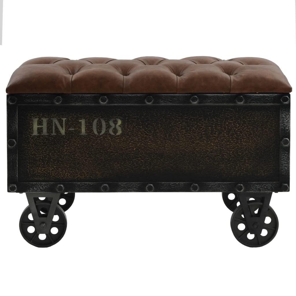 vidaXL Solid Fir Wood Storage Bench with Castors- Traveling Trunk Design - Retro Style - Brown, Faux Leather Upholstered Seat