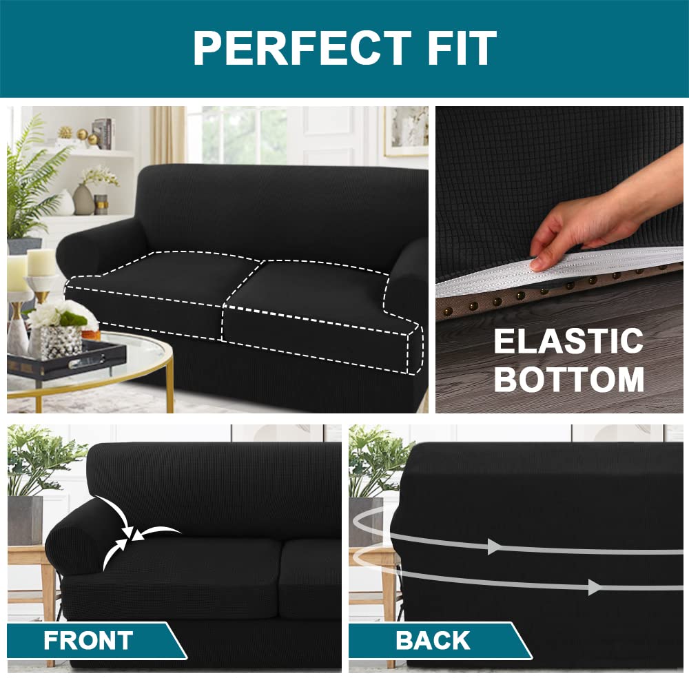 Turquoize 3 Piece T Cushion Sofa Slipcovers Sofa Cover For T Cushion Sofa Couches Stretch Couch Cover Furniture Covers With 2 Individual T Cushion Covers, Machine Washable (2 Cushion Sofa, Black)