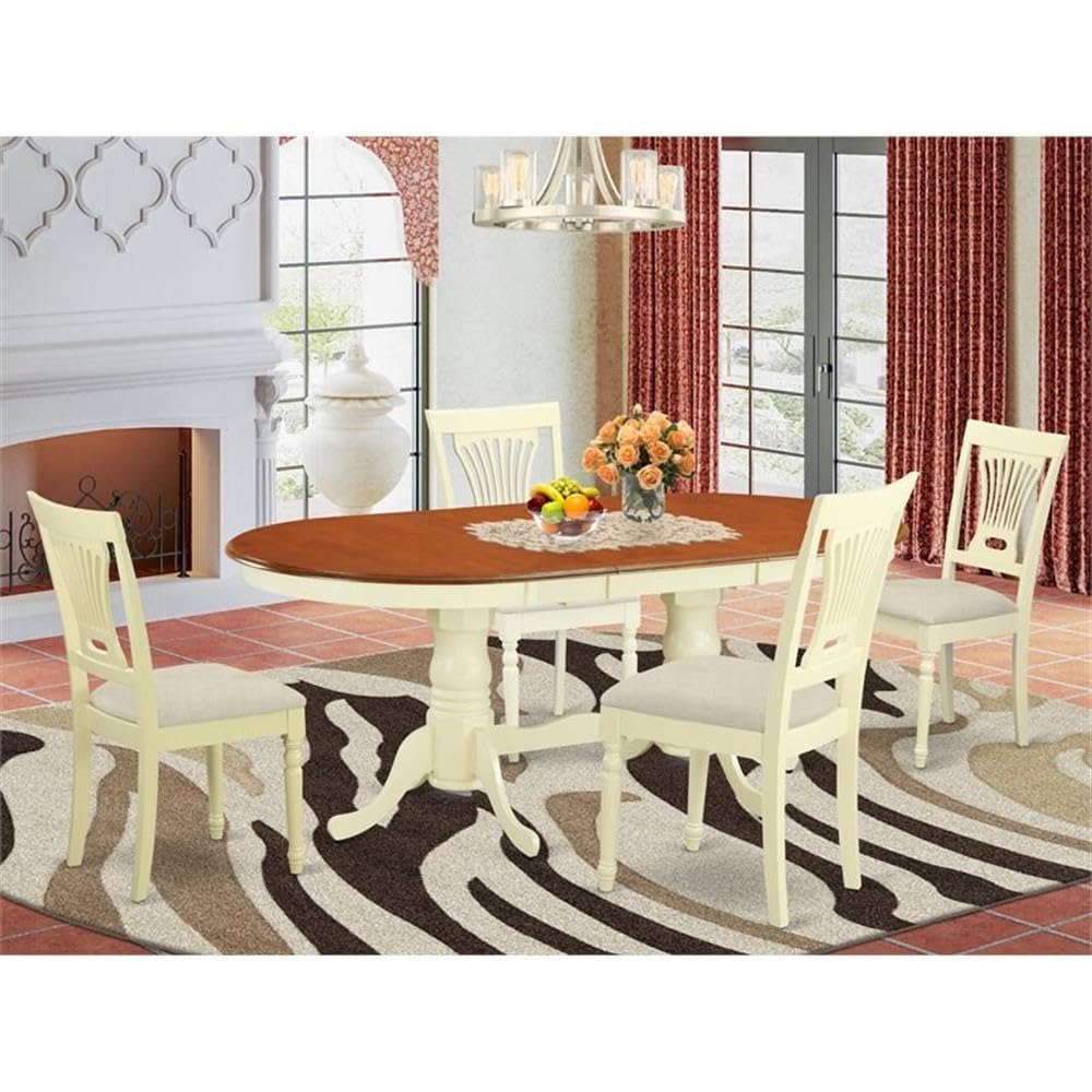 East West Furniture PLAI5-WHI-C 5 Piece Kitchen Table & Chairs Set Includes an Oval Dining Room Table with Butterfly Leaf and 4 Linen Fabric Upholstered Chairs, 42x78 Inch, Buttermilk & Cherry