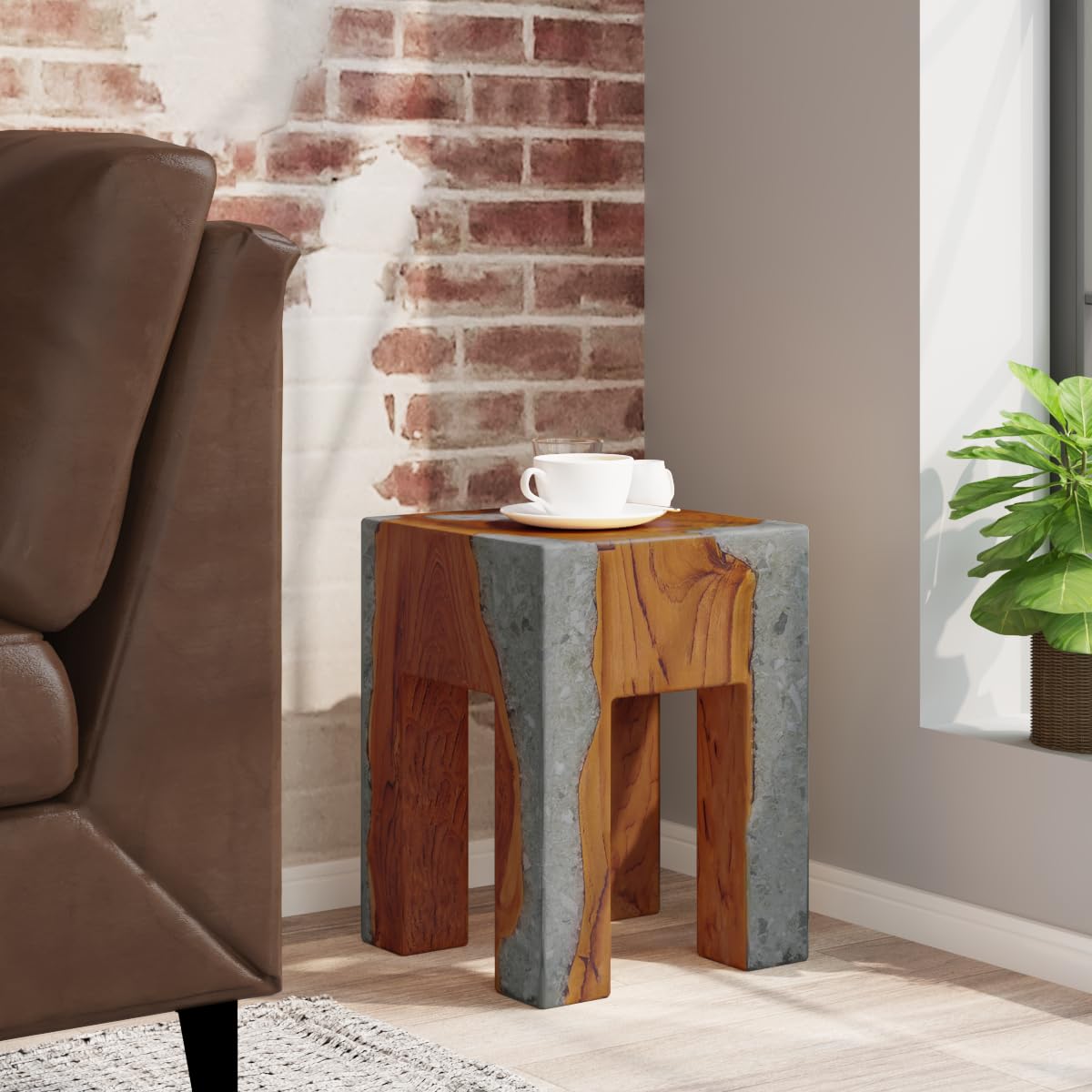 vidaXL Handmade Multi-Use Stool: Solid Teak Wood & Transparent Resin with Crushed Glass, Rustic Artistic Blend, Durable and Stable, Ideal Home Decor Piece, Dimensions 11.8&quot;x11.8&quot;x15.7&quot;