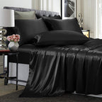 TREELY 6 Piece Satin Sheets Full Size Silky Smooth Black Satin Sheet Set with Deep Pocket, Satin Fitted Sheet, Flat Sheet, 4 Sat