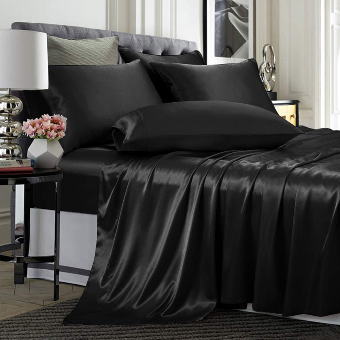 TREELY 6 Piece Satin Sheets Full Size Silky Smooth Black Satin Sheet Set with Deep Pocket, Satin Fitted Sheet, Flat Sheet, 4 Sat