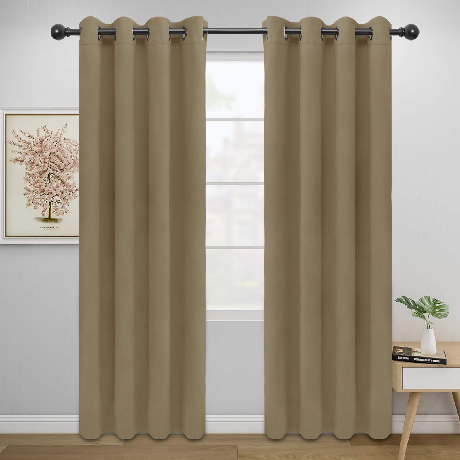 Easy-Going Blackout Curtains For Bedroom, Solid Thermal Insulated Grommet And Noise Reduction Window Drapes, Room Darkening Curtains For Living Room, 2 Panels(52X84 In,Tan)