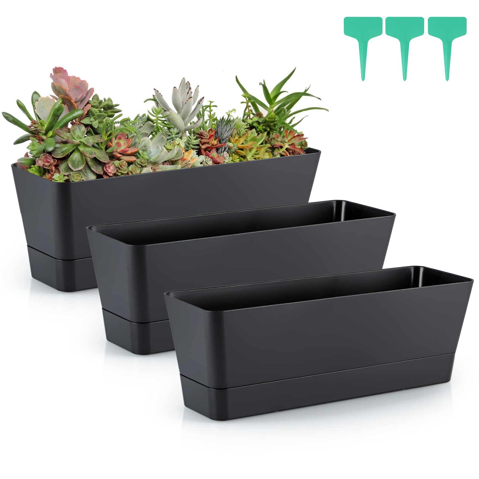 Skelang 3 Pcs Rectangular Plant Pot, 12' Flower Planter Box, Windowsill Container For Succulent, Herb, Vegetable (Black)