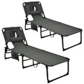 Gymax Tanning Chair, Folding Beach Lounger With Face Arm Hole, Adjustable Backrest, Side Pocket, Pillow & Carry Handle, Outside Sunbathing Lounge Chair For Patio, Poolside, Lawn (2, Gray)